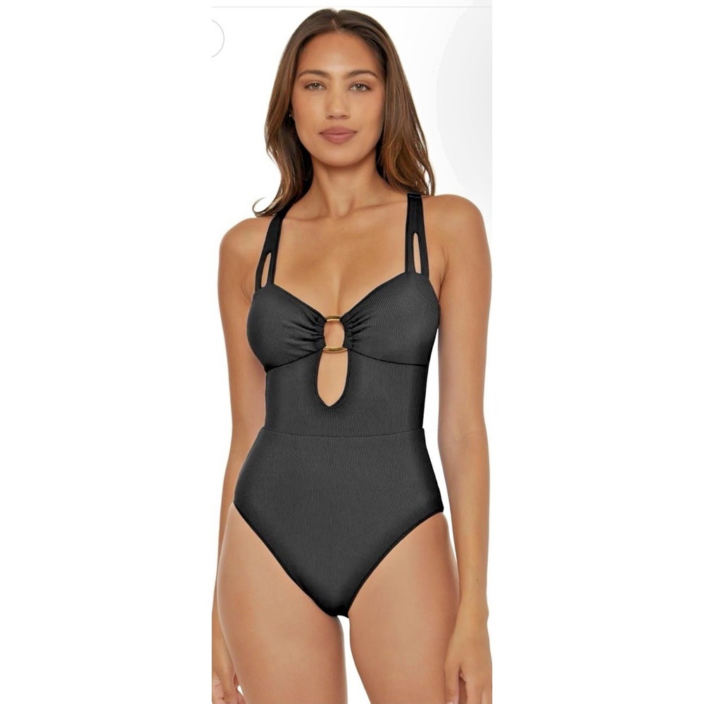 Becca Size Med Modern Edge Sq Buckle Ribbed Plunge Neck One Piece Swimsuit Black